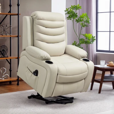 HOMCOM Sillón Relax Reclinable Eléctrico Levanta Personas con Masaje Vibratorio y Calor Puerto USB Control Remoto Crema