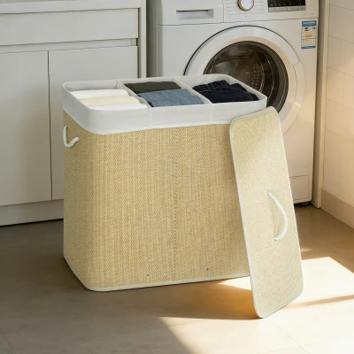 HOMCOM Cesto de Roupa Suja com Tampa 144L Cesto de Roupa Suja de Bambu com 3 Compartimentos 60x40x60 cm Creme