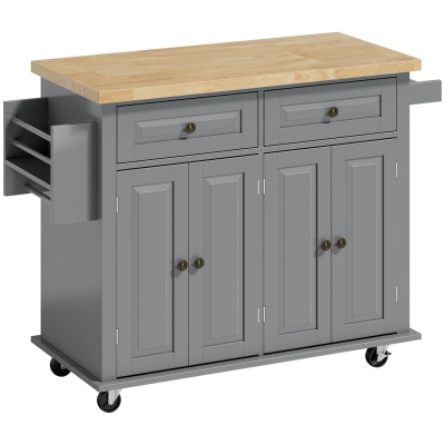 HOMCOM Ilha de Cozinha com Rodas 2 Gavetas 4 Portas Suporte para Temperos e Barra Lateral 111x44,5x82,5 cm Cinzento e Madeira