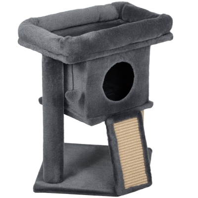 PawHut Árbol Rascador para Gatos Pequeños 57 cm con Rampa para Rascar Cueva Cama y Bola Colgante 40x40x57 cm Gris Oscuro