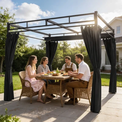 Outsunny Garden Pergola 3x3 m with Retractable Canopy and Curtains, UPF30+ Protection, Metal Frame for Patio Terrace, Gray