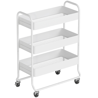 HOMCOM 3-Tier Rolling Utility Cart with Mesh Baskets White