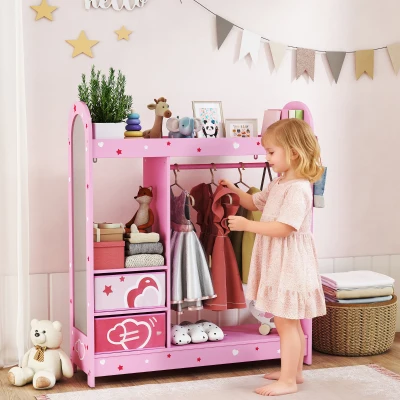 AIYAPLAY Kids Wardrobe with Mirror & Storage Pink