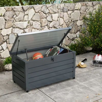 Outsunny Outdoor Aufbewahrungsbox, Gartenbox, Kissenbox, wetterbeständig, 4 Rollen, 100 x 62 x 65 cm, Dunkelgrau