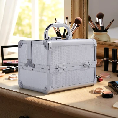 HOMCOM Maletín Maquillaje Profesional Estuche de Cosmético Portátil con Bandejas de 3 Niveles y Espejo 2 Llaves para Joyero Manicura Viaje 20x15x15 cm Plateado