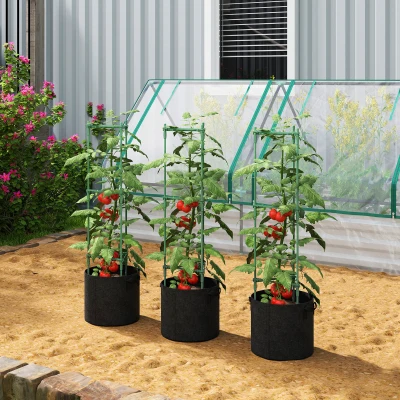 Outsunny Canteiro elevado com treliça sacos de 83,7 litros conjunto de 3 canteiros triangulares suporte para tomates 35 x 35 x 120 cm