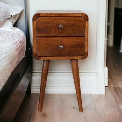 Solid Mango Wood Mini Bedside Table with 2 Smooth-Gliding Drawers, Brown