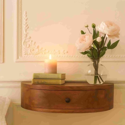 100% Solid Mango Wood Nordic Wall-Mounted Nightstand with Drawer, Brown