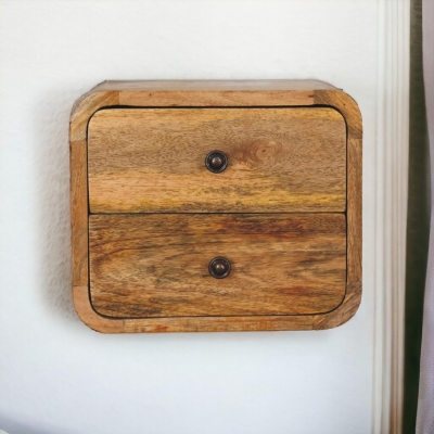 Solid Mango Wood Floating Bedside Table with 2 Smooth-Gliding Drawers, Brown