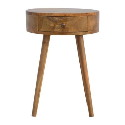 Solid Mango Wood Nordic Round Bedside Table with Unique Grain Pattern, Brown