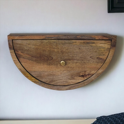 Solid Mango Wood Crescent Floating Bedside Table with Drawer and Brass Knob, Brown