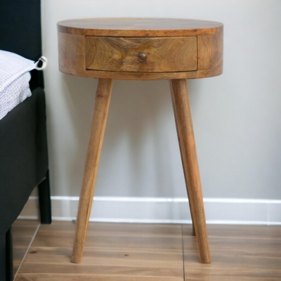 Solid Mango Wood Nordic Round Bedside Table with Unique Grain Pattern, Brown