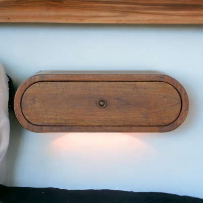 Solid Wood Wall-Mounted Round Bedside with Stain-Based Finish and Drawer, Brown