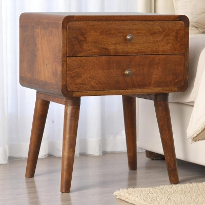 Solid Wood Curved Bedside Table with 2 Drawers and Natural Wood Grain, Brown