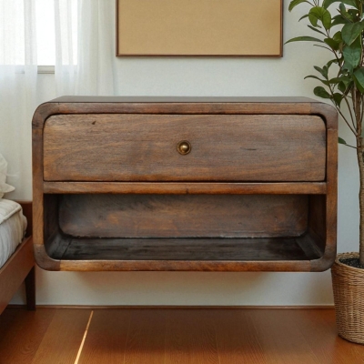Solid Mango Wood Floating Bedside Table with Drawer and Open Shelf, Brown