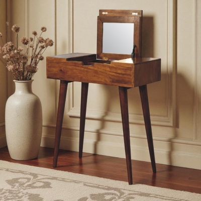 Solid Wood Mini Folding Vanity with Single Drawer and Folding Mirror, Brown