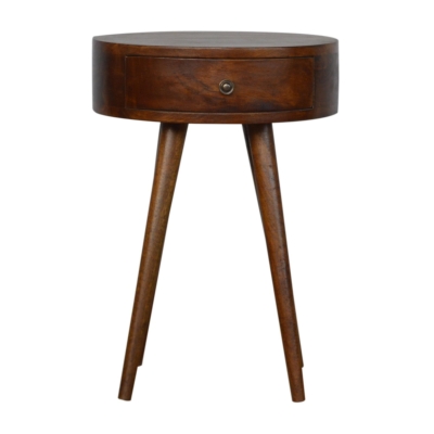 Solid Wood Nordic Circular Bedside Table with Natural Grain and Drawer, Brown