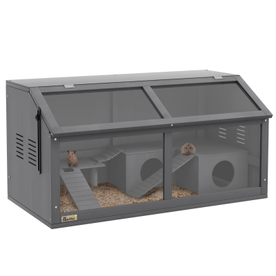 PawHut Gaiola para hamster, gaiola para pequenos animais de madeira, ponte suspensa, escadas, casinha, 84 x 45 x 44 cm, para hamsters-anões, Cinza