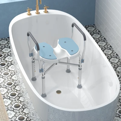 HOMCOM Cadeira de duche com apoios de braços assento de duche em U altura regulável antiderrapante 53 x 36 x 64-75 cm azul claro