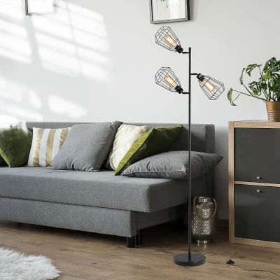 HOMCOM Candeeiro de pé design industrial 3 lâmpadas máx. 40 W cúpulas em gaiola metal preto