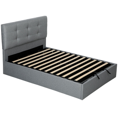 HOMCOM Cama com baú 140x190, estrutura de cama de casal estofada com sommier de ripas em madeira e arrumação oculta, sem colchão, cinza