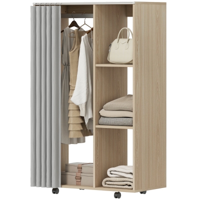 HOMCOM Armoire penderie vêtement dressing mobile 4 roulettes tringle à vêtements et étagères 80x40x128cm, effet bois naturel