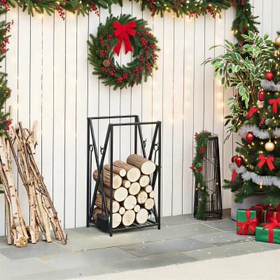 HOMCOM Porte Bûches Acier Noir 46x30x76cm Multi Accessoires