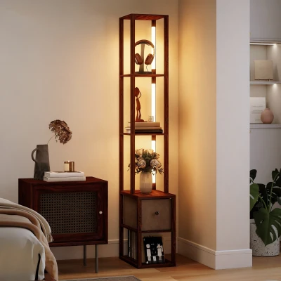 HOMCOM Floor Lamp with Shelves LED Fabric Drawer Dark Brown