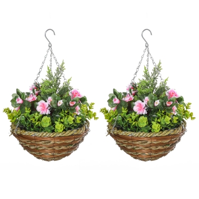 Outsunny 2 Pieces Artificial Hanging Plants in Baskets, Faux Lisianthus Flowers for Indoor Outdoor Decoration