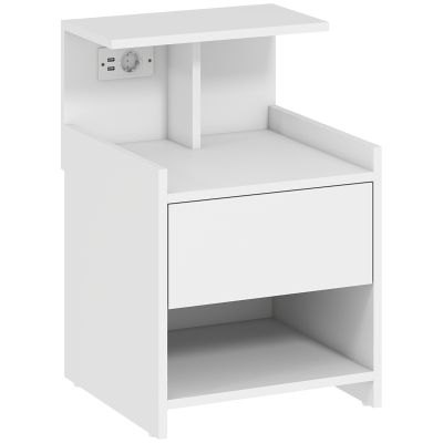HOMCOM Mesa de Cabeceira com Estação de Carregamento Portos USB Gaveta e Prateleiras Abertas 40x40x60 cm Branco