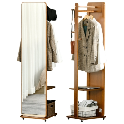 Miroir Portant Bois sur Roulettes avec Étagère