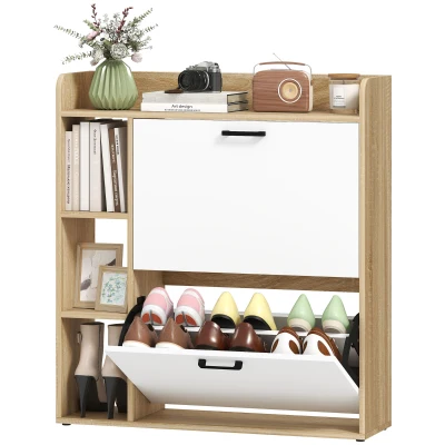 Meuble à Chaussures étroit HOMCOM 16 Paires - 80x24x101 Cm, Blanc, Avec 2 Tiroirs Et Plateau Supérieur - 4
