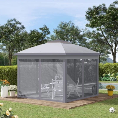 Outsunny Faltpavillon, Gartenpavillon, Metall und Stoffplane, Netzvorhänge, Entwässerungslöcher, 330L x 330B x 288H cm, Grau