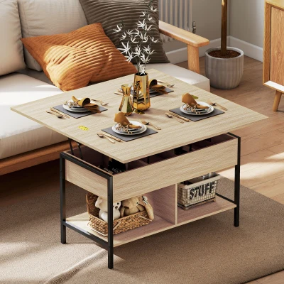 HOMCOM Table Basse Relevable Extensible Bois Naturel 98x49x55cm