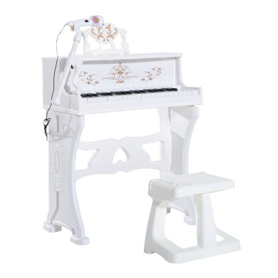 HOMCOM Piano Electrónico Infantil de 37 Teclas Juego de Piano con Modelo Pedagógico Micrófono Taburete Luces y 22 Canciones USB/MP3/Bluetooth Karaoke 53,5x27x63 cm Blanco