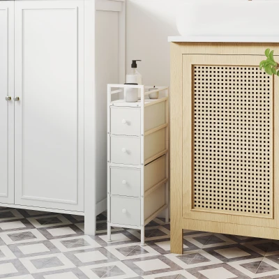 HOMCOM Móvel de Arrumação Estreito com 4 Gavetas de Tecido para Espaços Pequenos 20x43x81,5 cm Branco