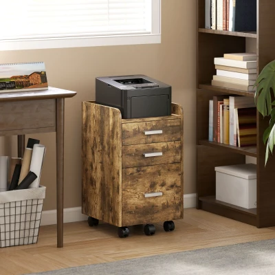 HOMCOM Rolling Filing Cabinet 3-Drawer Rustic Brown
