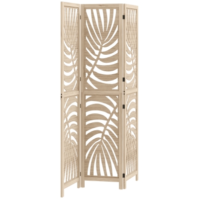HOMCOM 3-Panel Room Divider Wood Palm Leaf Design Natural