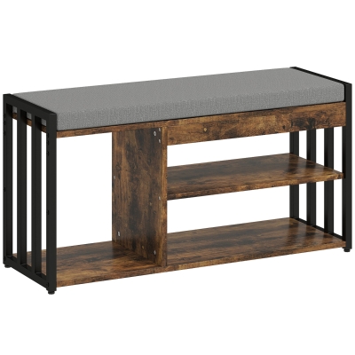 HOMCOM Upholstered Shoe Bench 3 Shelves Rustic Brown