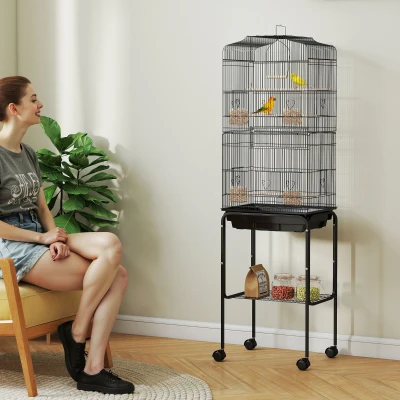 PawHut Vogelkäfig mit Futterbehälter Vogelvoliere Vogelbauer mit Aufbewahrungskorb Holzschaukel Voliere mit Türen Holzstangen für kleine Vögel Metalldraht Schwarz 46,5 x 36 x 157 cm