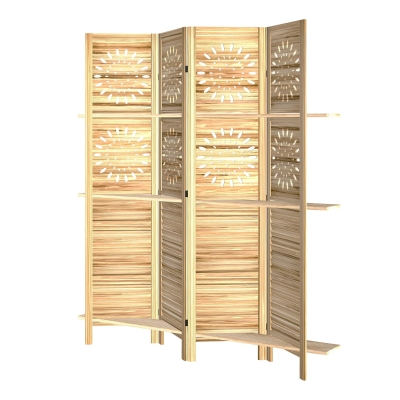 HOMCOM Innen-Paravent 4 Paneele und 3 Ablagen, 160 x 170 cm, faltbarer Raumteiler, Paulownia-Holz, Naturholz