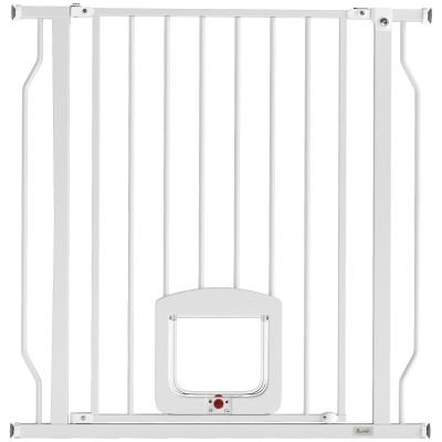 PawHut Traphekje Deurhek met kattenluik zonder boren 75-85 cm van staal voor honden, trap, deur, wit