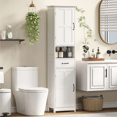 kleankin Columna de Baño con 2 Puertas 1 Cajón Estante Abierto y 2 Armarios con Estante Ajustable 40x30x164 cm Blanco