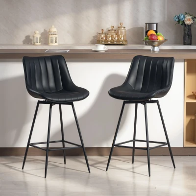 HOMCOM Juego de 2 Taburetes de Bar, Sillas de Bar Giratorio 360° Tapizado en Cuero Sintético con Respaldo y Reposapiés Negro
