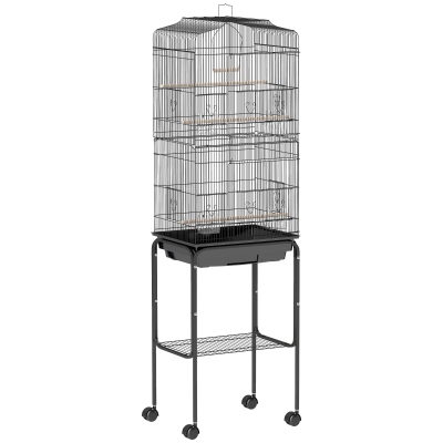 PawHut Vogelkäfig mit Futterbehälter Vogelvoliere Vogelbauer mit Aufbewahrungskorb Holzschaukel Voliere mit Türen Holzstangen für kleine Vögel Metalldraht Schwarz 46,5 x 36 x 157 cm