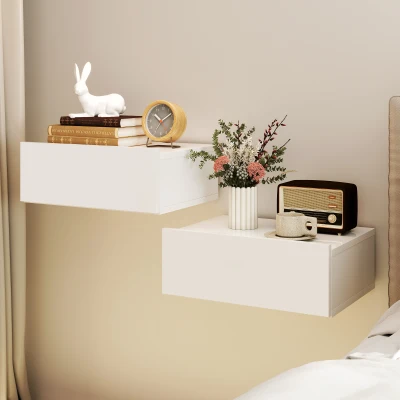 HOMCOM Conjunto de 2 Mesas de Cabeceira com 1 Gaveta Desenho Montado na Parede Estilo Moderno para Dormitório 40x30x15 cm Branco