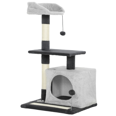 PawHut Ansamblu de joacă pentru pisici cu căsuță, Culcuș, Stâlpi și Covor, 85cm, Gri