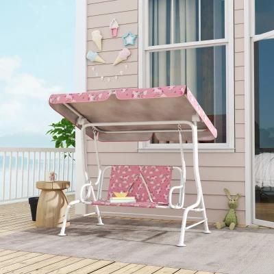 AIYAPLAY Kids Porch Swing, 2-Seater Patio Swing Bench Hammock with Seat Belts, Adjustable Canopy for Garden, Pink