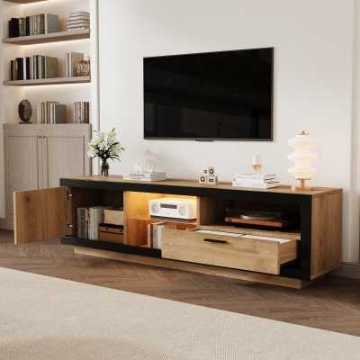 Modern TV Cabinet with App-Controlled LED Lights and USB Power, Wood