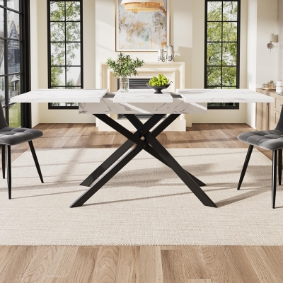 6–8 Seats Extendable Dining Table with Modern Crossed Iron Legs, White